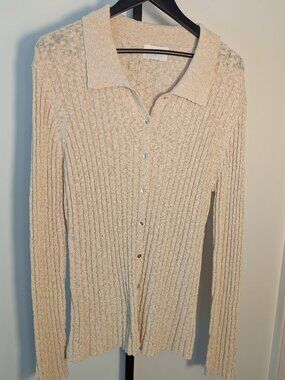 DISSH Ribbed Collared Knit Cardigan Cream Cotton Blend | Size L